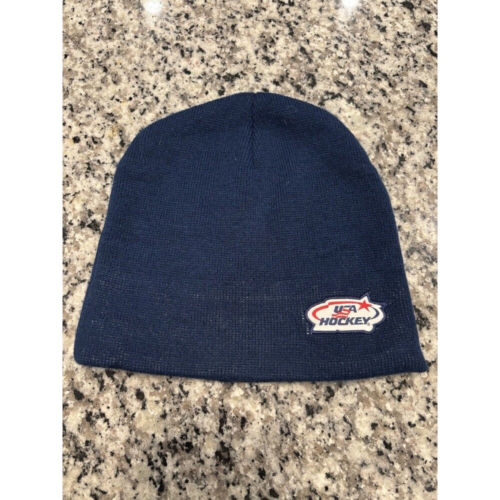 Vintage Spell Out Labatt Blue Beer Team USA Hockey Knit Winter Beanie Hat Blue